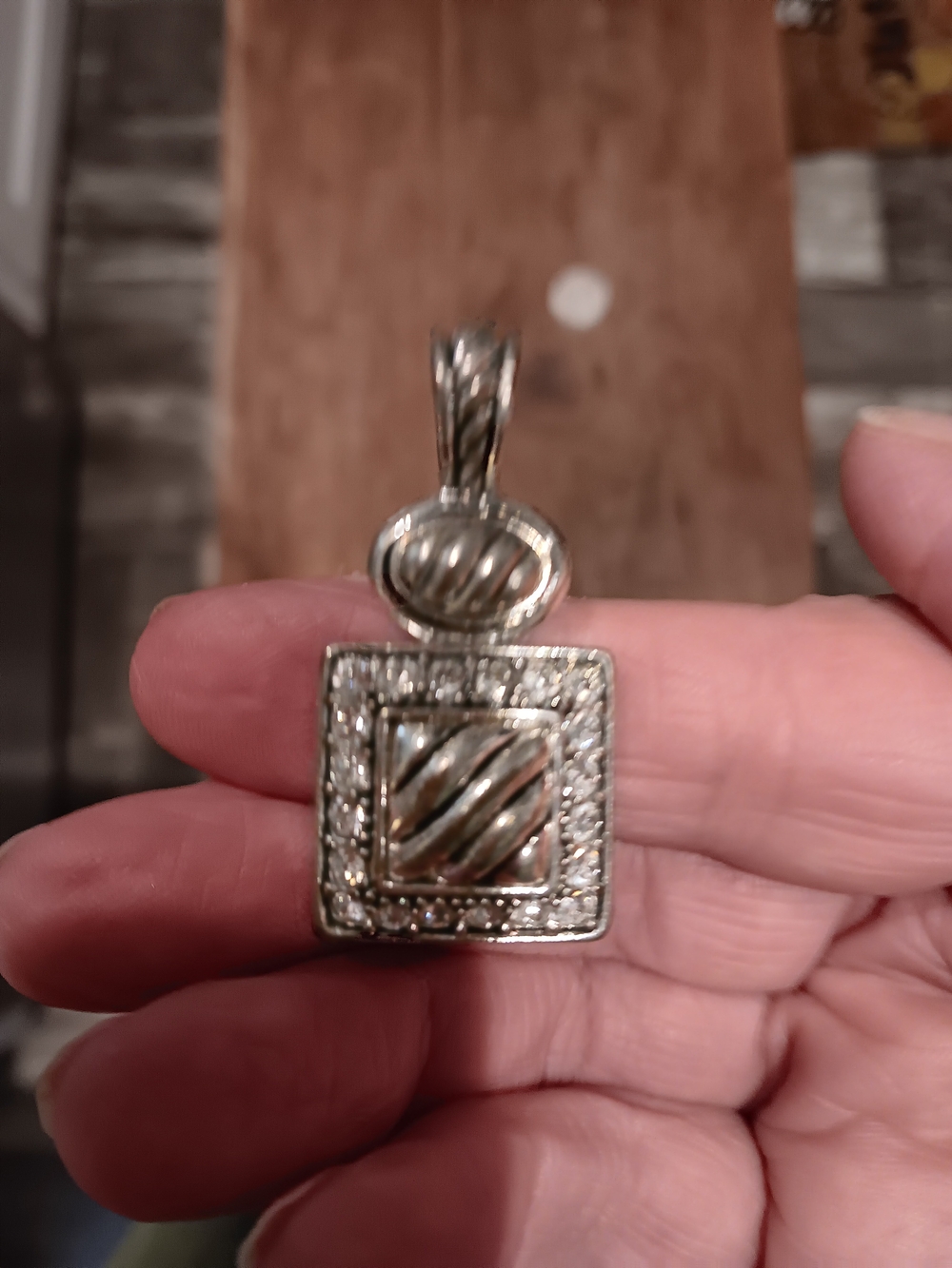 Vintage Silver-Tone Square Pendant Necklace with Cz Diamonds Around The Edge